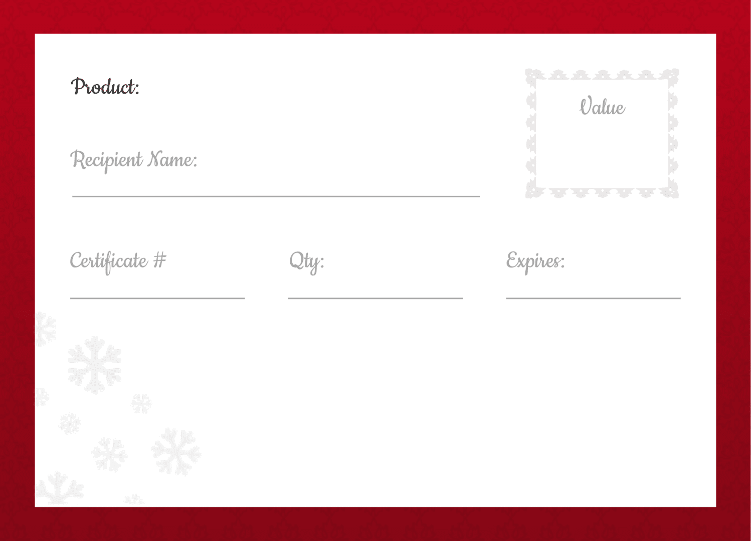 Red holiday gift certificate with snowflake accents