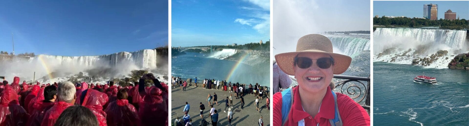Crowds and boat at Niagara Falls with rainbows