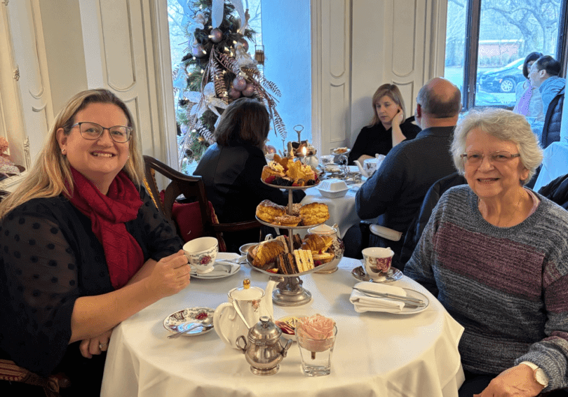 Afternoon tea with friends, Christmas tree.