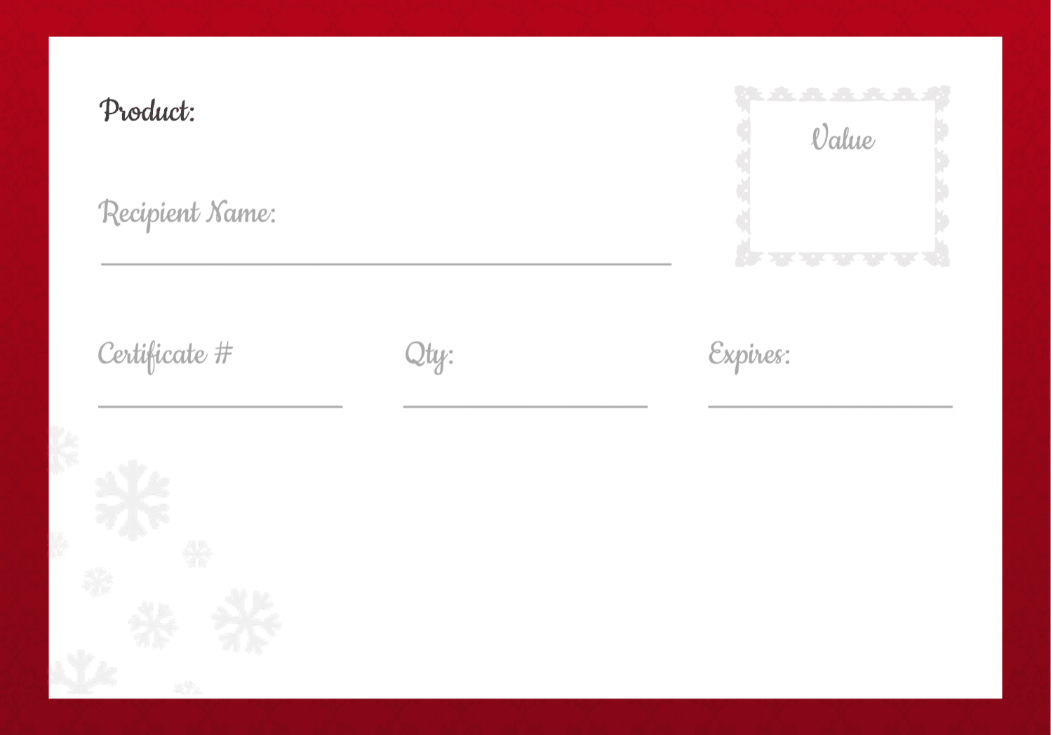 Red holiday gift certificate with snowflake accents